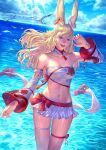  1girl animal_ears arina_nary avatar_(ff14) bandeau bare_shoulders bird blonde_hair blue_eyes breasts commission day detached_collar detached_sleeves final_fantasy final_fantasy_xiv highres large_breasts long_hair looking_at_viewer midriff mole mole_under_eye open_mouth outdoors rabbit_ears skeb_commission skirt solo strapless thigh_strap viera wet wet_clothes white_skirt 
