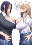  2girls absurdres anger_vein angry asymmetrical_docking black_hair black_shirt blonde_hair blue_skirt blush breast_press clenched_teeth collared_shirt colored_inner_hair commentary_request grin gyaru hand_on_own_hip highres kogal long_hair looking_at_another multicolored_hair multiple_girls nail_polish namazu_(yamasonson) original pleated_skirt school_uniform shirt short_hair sidelocks simple_background skirt smile standing teeth two-tone_hair white_background white_shirt 