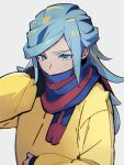  1boy black_gloves blue_eyes blue_hair blue_scarf gloves grusha_(pokemon) jacket long_hair otoko_no_ko parted_bangs pokemon pokemon_(game) pokemon_sv red_scarf rewin_(nobabys_perfect) scarf sidelocks solo swept_bangs two-tone_scarf yellow_jacket 