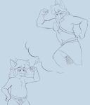  anthro barazoku body_hair bottomwear canid canine canis cheetoeater chubby_male clothing dionysus_(cheetoeater) flexing fluffy_chest imagination male mammal one_eye_closed skirt slightly_chubby solo thought_bubble wink wolf 