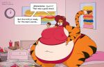  2018 anthro areola_outline bed belle_oliver belly big_belly big_breasts big_butt bottomwear breasts burger butt clock clothing copyright_symbol deep_navel dessert digital_media_(artwork) doughnut eating english_text felid female food fur furniture hair hi_res huge_breasts huge_butt huge_thighs mammal morbidly_obese morbidly_obese_anthro morbidly_obese_female navel nipple_outline obese obese_anthro obese_female overweight overweight_anthro overweight_female pantherine paper_bag pizza_box red_hair sandwich_(food) satsumalord sitting solo speech_bubble striped_body striped_fur stripes stuffing symbol text thick_thighs tiger topwear 