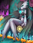  1girl alternate_color alternate_shiny_pokemon arm_tattoo artist_name barefoot black_dress black_hair black_wings blue_eyes blush breasts bright_pupils chandelure closed_mouth collarbone colored_skin commentary dress english_commentary expressionless feathered_wings flower full_body gardevoir glowing grey_skin hair_over_one_eye highres knees_together_feet_apart leg_tattoo legs light_blush long_legs looking_at_viewer medium_breasts medium_hair off-shoulder_dress off_shoulder one_eye_covered orange_flower patreon_logo patreon_username pelvic_curtain petals pokemon pokemon_(creature) rilex_lenov short_sleeves sitting solo tattoo thighs watermark web_address white_pupils wings 
