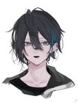  1boy black_hair blue_eyes blue_hair ear_piercing hair_between_eyes highres hood hood_down looking_at_viewer male_focus mayuzumi_kai multicolored_hair nijisanji parted_lips piercing portrait simple_background solo streaked_hair tail_ear white_background 