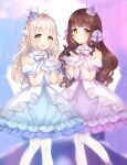  2girls :d absurdres anko_(gochiusa) bare_shoulders blue_dress bow brown_hair caramel_(caramelmilk) character_request closed_mouth commentary_request crown detached_sleeves dress feet_out_of_frame frilled_dress frills gloves gochuumon_wa_usagi_desu_ka? green_eyes hair_bow hair_ornament hairclip hands_up highres light_brown_hair long_hair mini_crown multiple_girls pantyhose puffy_short_sleeves puffy_sleeves purple_bow purple_dress rabbit_hair_ornament short_sleeves smile tilted_headwear very_long_hair white_dress white_gloves white_pantyhose white_sleeves yellow_eyes 