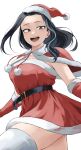  1girl absurdres black_eyes black_hair blue_eyes boku_no_hero_academia breasts capelet christmas dress elbow_gloves fengling_(furin-jp) fur-trimmed_capelet fur-trimmed_dress fur-trimmed_headwear fur_trim gloves hat highres large_breasts long_hair open_mouth red_capelet red_dress red_gloves red_headwear santa_dress santa_gloves santa_hat solo thighhighs white_thighhighs yaoyorozu_momo 