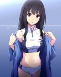  1girl bare_shoulders black_hair blue_background blue_jacket breasts dated gradient_background highres inoue_takina jacket long_hair looking_at_viewer lycoris_recoil medium_breasts midriff navel nii_manabu open_clothes open_jacket purple_eyes signature solo 