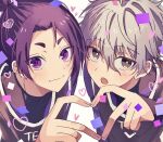  2boys black_eyes black_shirt blue_lock closed_mouth grey_hair heart heart_hands heart_hands_duo long_sleeves looking_at_viewer male_focus mikage_reo mma_runn multiple_boys nagi_seishirou open_mouth purple_eyes purple_hair shirt short_hair sleeves_past_wrists smile white_background 