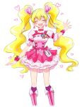  1girl :d blonde_hair blush boots choker closed_eyes commentary_request cure_peach dress earrings eyelashes fpminnie1 fresh_precure! frilled_dress frills hair_ornament happy heart heart_earrings heart_hair_ornament highres jewelry knee_boots long_hair looking_at_viewer magical_girl momozono_love open_mouth pink_choker pink_dress pink_footwear precure puffy_short_sleeves puffy_sleeves short_sleeves simple_background sketch smile solo twintails white_background wrist_cuffs 