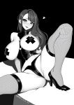  1girl artist_name bare_shoulders between_breasts brassica breasts clothes_writing corset cross_pasties fishnet_thighhighs fishnets greyscale heart high_heels highres large_breasts long_hair monochrome o-ring original panties pasties photo-referenced shadow solo thighhighs underwear 