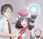  1boy 2girls :d :o animal_ear_fluff animal_ears arm_up armpits black_gloves black_hair black_necktie black_scarf blue_archive business_casual commentary durian12 eyeshadow fang fingerless_gloves fox_ears fox_girl fox_hair_ornament glasses gloves gradient_hair grey_background grey_hair hadanugi_dousa hair_between_eyes hair_ornament hair_ribbon halo highres izuna_(blue_archive) japanese_clothes long_hair long_sleeves looking_at_another makeup medium_hair michiru_(blue_archive) multicolored_hair multiple_girls naruto naruto_(series) necktie ninja one_side_up orb pom_pom_(clothes) pom_pom_hair_ornament raccoon_ears raccoon_girl rasengan red_eyeshadow red_scarf ribbon rope scarf school_uniform sensei_(blue_archive) serafuku shimenawa shirt sidelocks skin_fang sleeveless smile surprised sweatdrop twintails two-tone_hair white_shirt wide_sleeves wind yellow_eyes 