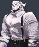  1boy alternate_costume animal_ears arknights bara beard black_pants collared_shirt cowboy_hat facial_hair formal furry furry_male hat highres large_pectorals looking_at_viewer male_focus mature_male medium_hair mountain_(arknights) muscular muscular_male official_alternate_hairstyle pants pectorals plilitbluu ponytail scar scar_on_arm scar_on_cheek scar_on_face shirt sleeves_rolled_up smile solo suspenders tiger_boy tiger_ears white_fur 