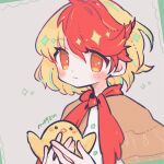  1girl animal bird blonde_hair blush capelet chick closed_mouth commentary highres holding holding_animal m_(m073111) multicolored_hair niwatari_kutaka orange_capelet orange_eyes red_hair short_hair signature solo sparkle touhou twitter_username two-tone_hair upper_body 