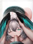  1boy 1girl aqua_eyes arknights ass censored completely_nude fellatio grey_hair head_wings hetero highres ho&#039;olheyak_(arknights) mosaic_censoring nopetroto nude one_eye_closed oral penis short_hair simple_background snake_tail solo_focus tail tears white_background wings 