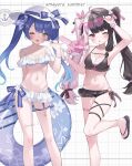  2girls ;p ahoge amamiya_kokoro bikini black_bikini black_hair blue_hair eyewear_on_head feet foot_out_of_frame frilled_bikini frills gradient_hair hair_ornament highres legs long_hair meibi_1 multicolored_hair multiple_girls nijisanji one_eye_closed pink_eyes sandals standing standing_on_one_leg sunglasses swimsuit thigh_strap toenails toes tongue tongue_out twintails two-tone_hair virtual_youtuber water_gun white_bikini white_hair white_headwear x_hair_ornament yellow_eyes yorumi_rena 