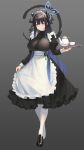  1girl alternate_costume animal_ears apron black_dress black_footwear black_hair blue_archive blue_halo blush breasts closed_mouth cup dress enmaided frilled_apron frills full_body green_eyes halo highres holding holding_tray jamgom juliet_sleeves large_breasts long_hair long_sleeves maid maid_apron maid_headdress pantyhose puffy_sleeves shoes shun_(blue_archive) smile solo tiger_ears tray white_apron white_pantyhose 