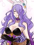  1girl animal_ears basket breasts camilla_(fire_emblem) camilla_(spring)_(fire_emblem) cleavage closed_eyes closed_mouth fake_animal_ears fire_emblem fire_emblem_fates fire_emblem_heroes gloves hair_over_one_eye kokomi_(aniesuakkaman) long_hair petals purple_hair rabbit_ears simple_background smile solo upper_body 