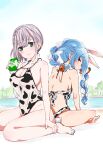  2girls alternate_costume animal_ears animal_print back barefoot black_one-piece_swimsuit blue_hair blue_sky braid breasts carrot_hair_ornament closed_mouth collarbone cow_print day eyelashes feet food-themed_hair_ornament full_body green_eyes grey_hair hair_ornament hand_on_own_leg hand_up hatsukoizoe highleg highleg_swimsuit highres holding hololive large_breasts legs long_hair medium_breasts medium_hair multiple_girls on_ground one-piece_swimsuit orange_eyes outdoors rabbit_ears shirogane_noel sidelocks sitting sky smile swimsuit thighs toes twin_braids two-tone_one-piece_swimsuit usada_pekora virtual_youtuber wariza white_hair white_one-piece_swimsuit 