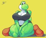  2023 abs anthro big_breasts breasts cleavage clothed clothing crossed_legs crouching digital_media_(artwork) dreamerknight female green_body green_scales green_yoshi hi_res huge_breasts huge_hips mario_bros muscular muscular_female muscular_thighs nintendo scales scalie solo sportswear thick_thighs yoshi 