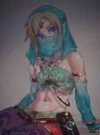  1boy absurdres arabian_clothes armlet bandeau bare_shoulders blonde_hair blue_eyes bridal_gauntlets circlet crossdressing detached_sleeves gerudo_set_(zelda) halterneck harem_pants highres jewelry link looking_at_viewer male_focus midriff mouth_veil navel noah_(tettsui-sole) official_alternate_costume otoko_no_ko pants pointy_ears sheikah_slate shiny_skin sitting solo stomach the_legend_of_zelda the_legend_of_zelda:_breath_of_the_wild veil 