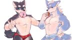  anthro blue_eyes blush bulge canid canine canis clothed clothing dessert domestic_dog doughnut duo eating food gesture hair half-naked husky kuugo_(lagoon_lounge) lagoon_lounge looking_at_viewer male male/male mammal muscular nordic_sled_dog simple_background smile sousuke_(lagoon_lounge) speedo spitz swimwear v_sign white_hair wolf xttttd 