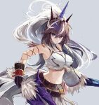  1girl absurdres aqa arknights belt black_gloves breasts brown_belt brown_hair closed_mouth commentary cowboy_shot crop_top detached_sleeves fake_horns fur-trimmed_gloves fur_trim gloves grey_background hair_between_eyes highres holding holding_weapon horns jewelry kirin_(armor) kirin_r_yato_(arknights) large_breasts long_hair looking_at_viewer mane mole mole_under_eye monster_hunter_(series) multicolored_hair navel necklace pendant purple_eyes simple_background single_detached_sleeve single_glove solo standing stomach streaked_hair two-tone_hair weapon white_hair yato_(arknights) 