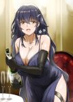  1girl alternate_costume azuma_(azur_lane) azur_lane black_gloves bottle breasts chair champagne_bottle champagne_flute cleavage cocktail_dress commentary_request cowboy_shot cup dress drinking_glass elbow_gloves english_text evening_gown gloves hair_between_eyes halter_dress halterneck highres holding holding_bottle huge_breasts indoors jewelry looking_at_viewer necklace open_mouth orange_eyes pearl_necklace purple_dress purple_hair q_kanbow side_slit sleeveless sleeveless_dress solo 