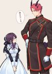  1boy 1girl ao_no_neko braid breasts bun_cover dragon_boy dragon_horns dragon_tail gloves half_updo hand_on_own_hip height_difference highres horns juliet_sleeves long_sleeves looking_at_another looking_to_the_side maid military_uniform original own_hands_together pointy_ears puffy_sleeves purple_hair red_hair tail thought_bubble uniform white_gloves 