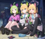  5girls :3 absurdres ahoge animal_ear_headphones animal_ears antenna_(dohna_dohna) aris_(blue_archive) black_skirt black_socks black_thighhighs blonde_hair blue_archive blue_necktie blush_stickers cat_ear_headphones cat_tail chips_(food) collared_shirt commentary controller crossover dohna_dohna_issho_ni_warui_koto_o_shiyou drinking_straw electrical_outlet fake_animal_ears fang feet flying_sweatdrops food game_controller game_development_department_(blue_archive) green_eyes green_hair halo headphones highres holding holding_controller holding_game_controller indian_style knee_up knees_up legs looking_afar midori_(blue_archive) momoi_(blue_archive) monster_energy multiple_girls necktie no_shoes playing_games pleated_skirt potato_chips red_eyes sawkm school_uniform sd_card shirt short_hair sitting skin_fang skirt socks soles sweatdrop tail tail_raised thighhighs toes v-shaped_eyebrows yuzu_(blue_archive) 