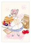  1girl apron bag blueberry cherry collared_shirt double_bun dress food fruit full_body hair_bun kamiya_kaori mini_person minigirl original pancake pancake_stack pink_hair plaid plaid_dress puffy_short_sleeves puffy_sleeves purple_footwear purple_shirt shirt shoes short_sleeves solo standing strawberry strawberry_slice sugar_cube white_apron 