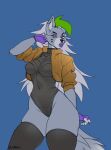  anthro blue_background breasts canid canine canis clothed clothing ear_piercing eyebrows eyeshadow female fingerless_gloves five_nights_at_freddy&#039;s five_nights_at_freddy&#039;s:_security_breach fur gloves green_highlights grey_body grey_fur grey_hair hair handwear hi_res highlights_(coloring) legwear lipstick long_hair makeup mammal multicolored_hair narrowed_eyes nipple_outline piercing portrait pulred roxanne_wolf_(fnaf) scottgames signature simple_background solo squish standing steel_wool_studios stockings thick_thighs thigh_highs thigh_squish three-quarter_portrait two_tone_hair wolf yellow_eyes 