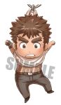  1boy bad_id bad_twitter_id bara blush chibi clenched_teeth clothes_lift facial_hair forked_eyebrows full_body goatee keychain long_sideburns male_focus muscular muscular_male outstretched_arms pants sample_watermark shirt shirt_lift short_hair sideburns solo spread_arms stubble sunfight0201 takabushi_kengo teeth thick_eyebrows tokyo_afterschool_summoners white_shirt 