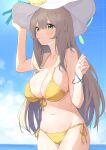  1girl absurdres bare_shoulders bikini blue_archive blue_sky bracelet breasts brown_hair cleavage closed_mouth cloud collarbone cowboy_shot day flower green_eyes halo hat hat_flower highres jewelry large_breasts long_hair navel nonomi_(blue_archive) nonomi_(swimsuit)_(blue_archive) ocean outdoors side-tie_bikini_bottom sky solo stomach sun_hat swimsuit very_long_hair yellow_bikini yuku~ 