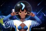  1girl alien black_hair blue_bra blunt_bangs blush bob_cut bodypaint boomerang bra breasts cleavage cleavage_cutout clothing_cutout comet dark-skinned_female dark_skin dress earth_(planet) emotional_engine_-_full_drive falling_star fate/grand_order fate_(series) fishbowl_helmet flat_chest floating glowing glowing_hair helmet lingerie long_sleeves looking_at_viewer moon night night_sky petite planet short_dress short_hair sky sleeves_past_wrists small_breasts smile solo space space_helmet spacesuit standing star_(sky) starry_sky sweater twitter_username underwear very_dark_skin wandjina_(fate) wandjina_(fate)_(first_ascension)_(fate) xkzan yellow_eyes 