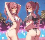  2girls absurdres arms_up ass bikini black_bikini blush brown_hair frilled_bikini frills highleg highleg_bikini highres idolmaster idolmaster_shiny_colors looking_at_viewer mouth_hold multiple_girls osaki_amana osaki_tenka patio_umbrella ponytail pool rubber_band siblings sisters swimsuit twintails wanimaru white_bikini yellow_eyes 