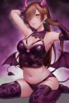  1girl armpits arms_up asymmetrical_gloves bangs blush boots breasts brown_eyes brown_hair cleavage cleft_of_venus cowboy_shot crop_top demon_horns demon_tail demon_wings elbow_gloves frown gloves gradient_background grimoire_~shiritsu_grimoire_mahou_gakuen~ hair_over_one_eye hand_in_own_hair highres horns kamidanomi leather long_hair looking_at_viewer medium_breasts navel panties rurikawa_haruno sitting sleeveless solo straight_hair tail thigh_boots thighs underwear wariza wings 