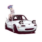  1girl asymmetrical_bangs back_bow blue_hair bow car closed_mouth commentary dress english_commentary hair_ornament hair_over_one_eye hairclip hat jestami looking_at_viewer mazda mazda_mx-5 mazda_mx-5_na motor_vehicle radio_antenna re:zero_kara_hajimeru_isekai_seikatsu rem_(re:zero) short_hair signature simple_background sitting_on_car smile solo sun_hat vehicle_focus white_background white_dress white_footwear white_headwear 