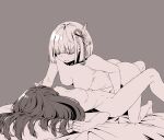  2girls ass blush bob_cut breasts commentary_request completely_nude hair_ribbon highres implied_fingering inoue_takina long_hair looking_at_another lycoris_recoil lying medium_breasts monochrome multiple_girls nipples nishikigi_chisato nude on_back on_bed one_side_up open_mouth ribbon short_hair simple_background sweatdrop tonht yuri 