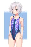  1girl absurdres ahoge black_one-piece_swimsuit blue_background breasts commentary_request competition_swimsuit cowboy_shot grey_hair hair_between_eyes highres itomi_sayaka multicolored_clothes multicolored_swimsuit one-piece_swimsuit purple_eyes short_hair small_breasts solo standing swimsuit takafumi toji_no_miko two-tone_background variant_set yagasuri 