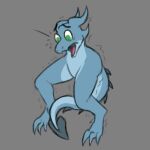  ambiguous_gender anthro armless blue_body cfoxblu green_eyes halfcut kobold nonbinary_(lore) nude null shaking shocked shocked_expression simple_background slate_(cfoxblu) solo spade_tail swb tail tail_spines 