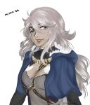  1girl blue_capelet blue_eyes capelet eyepatch fire_emblem fire_emblem_fates genderswap genderswap_(mtf) grey_hair harness hood hood_down hooded_capelet looking_at_viewer minoslux niles_(fire_emblem) o-ring o-ring_harness smile solo upper_body 