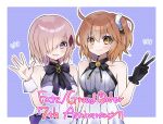  2girls anniversary bare_shoulders black_gloves black_ribbon blush dress fate/grand_order fate_(series) finger_counting fujimaru_ritsuka_(female) fujimaru_ritsuka_(female)_(waltz_in_the_moonlight/lostroom) gloves hair_ornament hair_over_one_eye hair_scrunchie highres mash_kyrielight mash_kyrielight_(under_the_same_sky) multiple_girls neck_ribbon one_side_up orange_eyes orange_hair parted_lips pink_hair purple_eyes ribbon scrunchie short_hair smile upper_body v yamuimo 