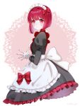  1girl apron arima_kana black_dress blush bob_cut closed_mouth dress highres inverted_bob looking_at_viewer maid maid_apron maid_headdress oshi_no_ko red_eyes red_hair red_ribbon ribbon short_hair solo watano_yuki white_apron white_background 