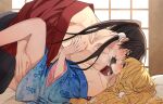  1boy 1girl after_kiss artist_name black_hair blonde_hair blue_kimono blush braid enoki_3106 face-to-face genderswap genderswap_(ftm) hakurei_reimu hand_on_another&#039;s_chest hand_on_another&#039;s_thigh hetero highres japanese_clothes kimono kirisame_marisa lying open_clothes open_kimono ponytail red_eyes saliva saliva_trail sidelocks sweat touhou yellow_eyes 