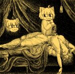  &lt;|&gt;_&lt;|&gt; 3girls :3 animal_ears antenna_hair breasts cat_ears commentary curtains fine_art_parody highres lying medium_breasts monochrome multiple_girls neco-arc on_back parody sitting sitting_on_person the_nightmare_(henry_fuseli) toasty_rolls tsukihime 