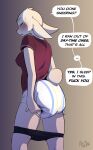  anthro arzdin blush bottomwear bottomwear_down clothed clothing dialogue diaper embarrassed female lagomorph leporid mammal pants pants_down partially_clothed rabbit shirt simple_background solo talking_to_viewer topwear 