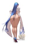  1girl absurdres artist_logo artist_name ass bare_legs black_hairband blue_eyes blue_footwear blue_hair blue_nails breasts censored commentary female_pubic_hair from_behind full_body hairband hand_on_hip high_heels highres hu_dako large_breasts long_hair long_sleeves looking_at_viewer looking_back mosaic_censoring nail original pubic_hair pussy shrug_(clothing) simple_background solo standing straight_hair very_long_hair web_address white_background wide_sleeves 
