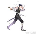  1boy artist_request belt black_belt black_vest blue_hair boots felix_hugo_fraldarius fire_emblem fire_emblem:_three_houses fire_emblem_heroes full_body garreg_mach_monastery_uniform hair_bun holding holding_sword holding_weapon male_focus official_art orange_eyes pants scabbard sheath shirt short_hair single_bare_shoulder solo standing sword torn_clothes torn_pants torn_shirt vest weapon white_footwear white_shirt 