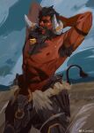  1boy abs armor arms_behind_head bara beard bell body_fur chest_hair chinese_zodiac cow_boy cow_tail curled_horns dark-skinned_male dark_skin facial_hair feet_out_of_frame forked_eyebrows highres horn_ornament horn_ring horns jinhallz large_horns large_pectorals long_beard male_focus mature_male muscular muscular_male neck_bell nipples nose_piercing nose_ring original pectorals piercing scar scar_across_eye short_hair solo stomach stretching tail thick_eyebrows thick_mustache topless_male very_dark_skin year_of_the_ox 