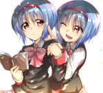  2girls :d black_jacket black_vest blue_hair blush book bow commentary_request expressionless eyelashes eyes_visible_through_hair hair_between_eyes hairband hand_up happy highres holding holding_book holding_hands index_finger_raised jacket key_(company) long_sleeves multiple_girls nishizono_midori nishizono_mio one_eye_closed open_book open_mouth orange_eyes parted_lips pink_bow poking red_hairband school_uniform shinonome_mozuku short_hair simple_background smile underlighting upper_body vest white_background 