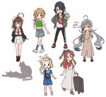  6+girls ahoge baseball_cap belt_bag black_hair black_jacket black_pants blonde_hair blue_headwear blue_skirt brown_dress cat crab_on_shoulder denim denim_skirt dress green_shirt grey_hair grey_jacket hair_between_eyes hair_over_one_eye hair_over_shoulder hat highres i-504_(kancolle) jacket kantai_collection kasumi_(skchkko) kiyoshimo_(kancolle) kumano_maru_(kancolle) long_hair low_twintails luigi_torelli_(kancolle) multiple_girls necktie oboro_(kancolle) official_alternate_costume overall_skirt overalls pants ponytail red_necktie red_shirt rolling_suitcase shigure_(kancolle) shigure_kai_san_(kancolle) shirt short_hair sidelocks simple_background skirt standing suitcase t-shirt twintails white_background white_dress white_shirt yoga_pants zuihou_(kancolle) 